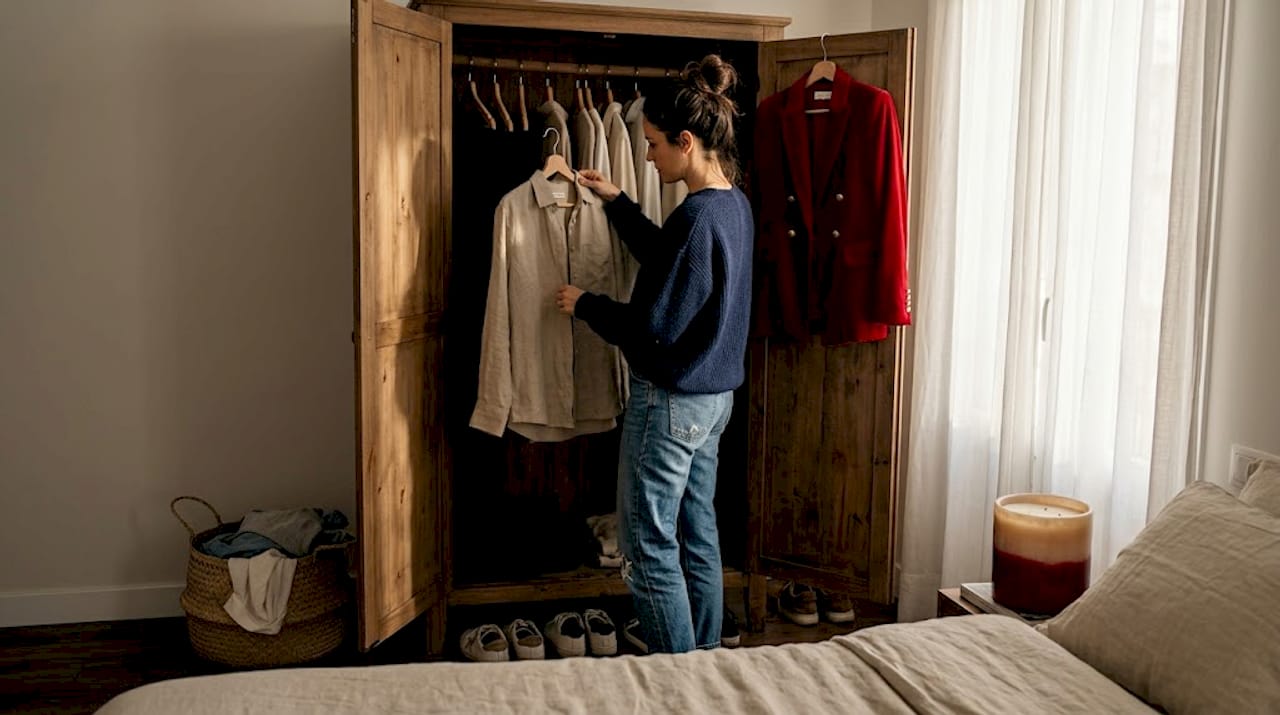Mujer revisando una camisa de lino en un armario de estilo minimalista