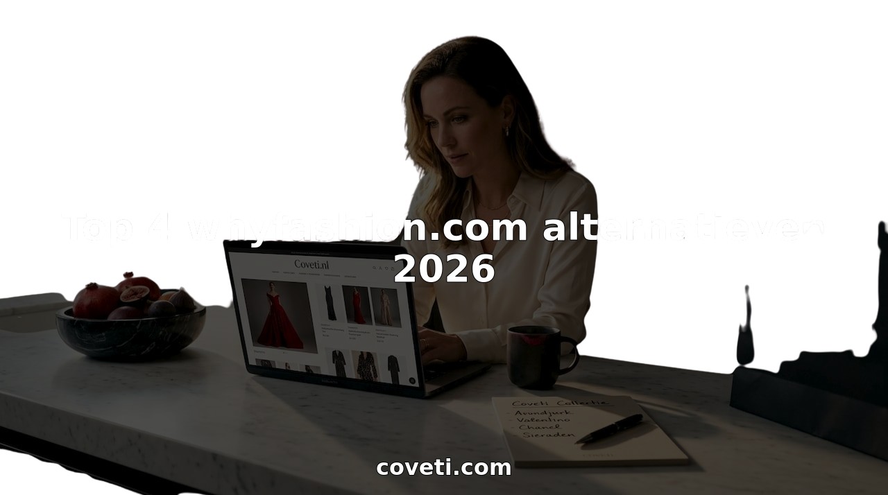 Een vrouw zit aan het keukeneiland en struint online door exclusieve modecollecties.
