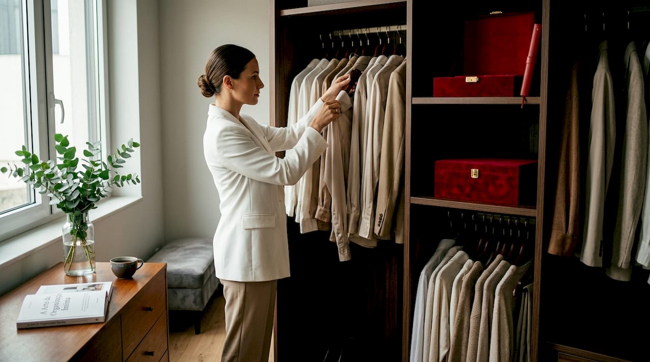 Mulher arruma o roupeiro com peças de roupa minimalistas