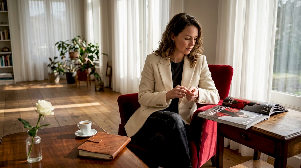 Stijlvolle vrouw geniet van de zon in haar luxe woonkamer