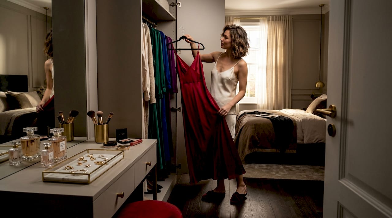 Dans sa chambre chaleureuse, une femme hésite devant sa garde-robe, cherchant la robe idéale pour sa journée.