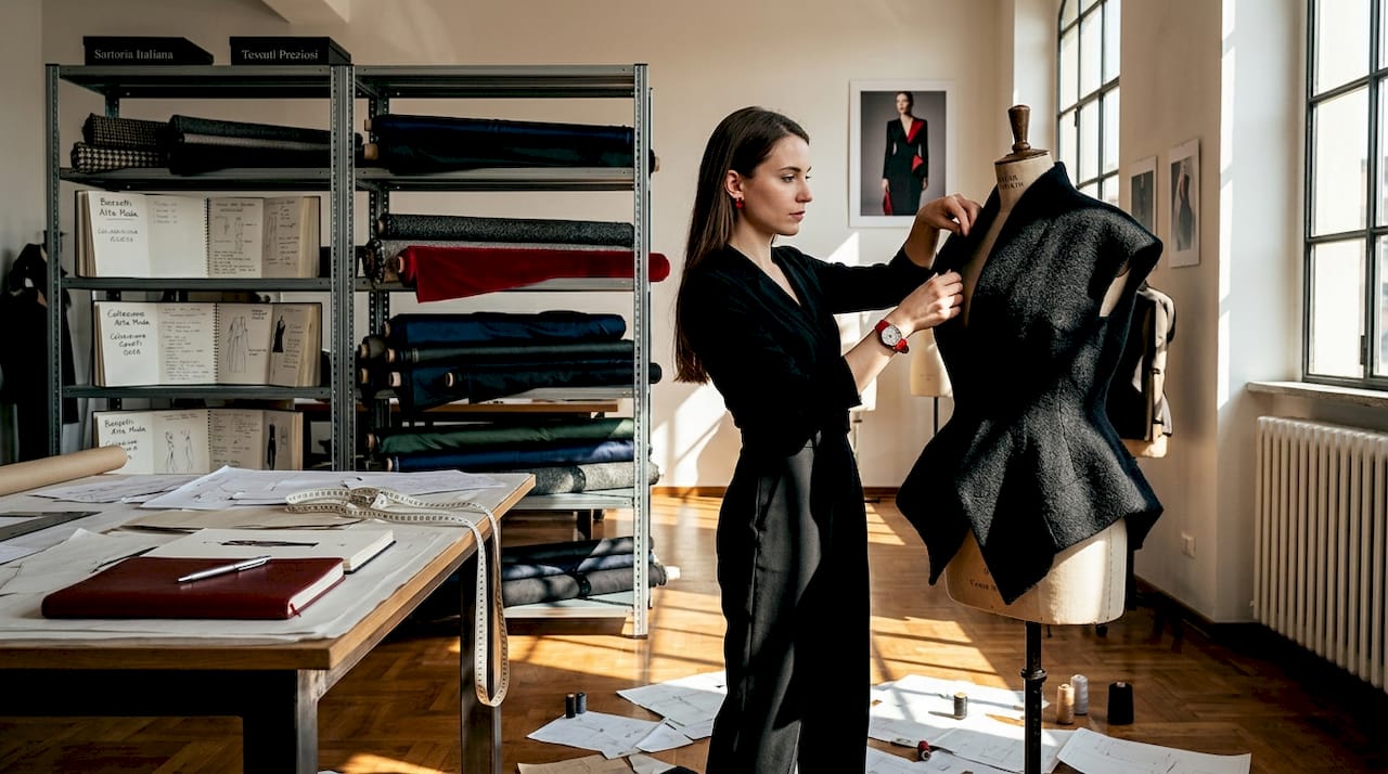 Un designer sta perfezionando un abito nel suo atelier, curando ogni dettaglio con attenzione.