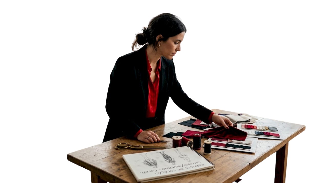 Criador de moda no atelier a selecionar tecidos para as próximas coleções.