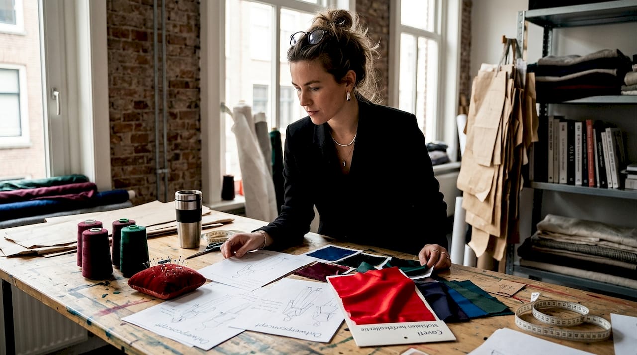 In haar lichte atelier bladert de ontwerper aandachtig door stoffen en werkt ze schetsen uit.