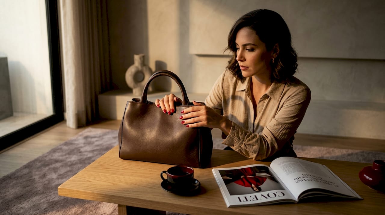 Mujer inspeccionando su bolso elegante y asequible