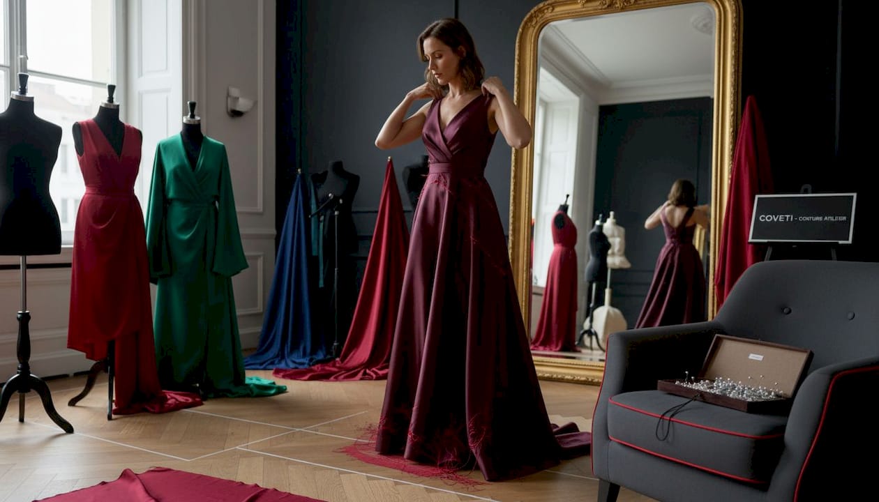 Senhora faz prova de vestido feito à medida num atelier de moda