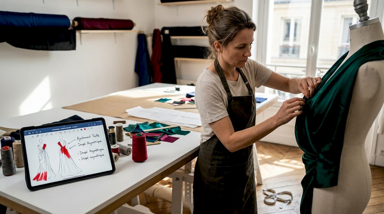 Une styliste en pleine retouche sur une pièce dans son atelier