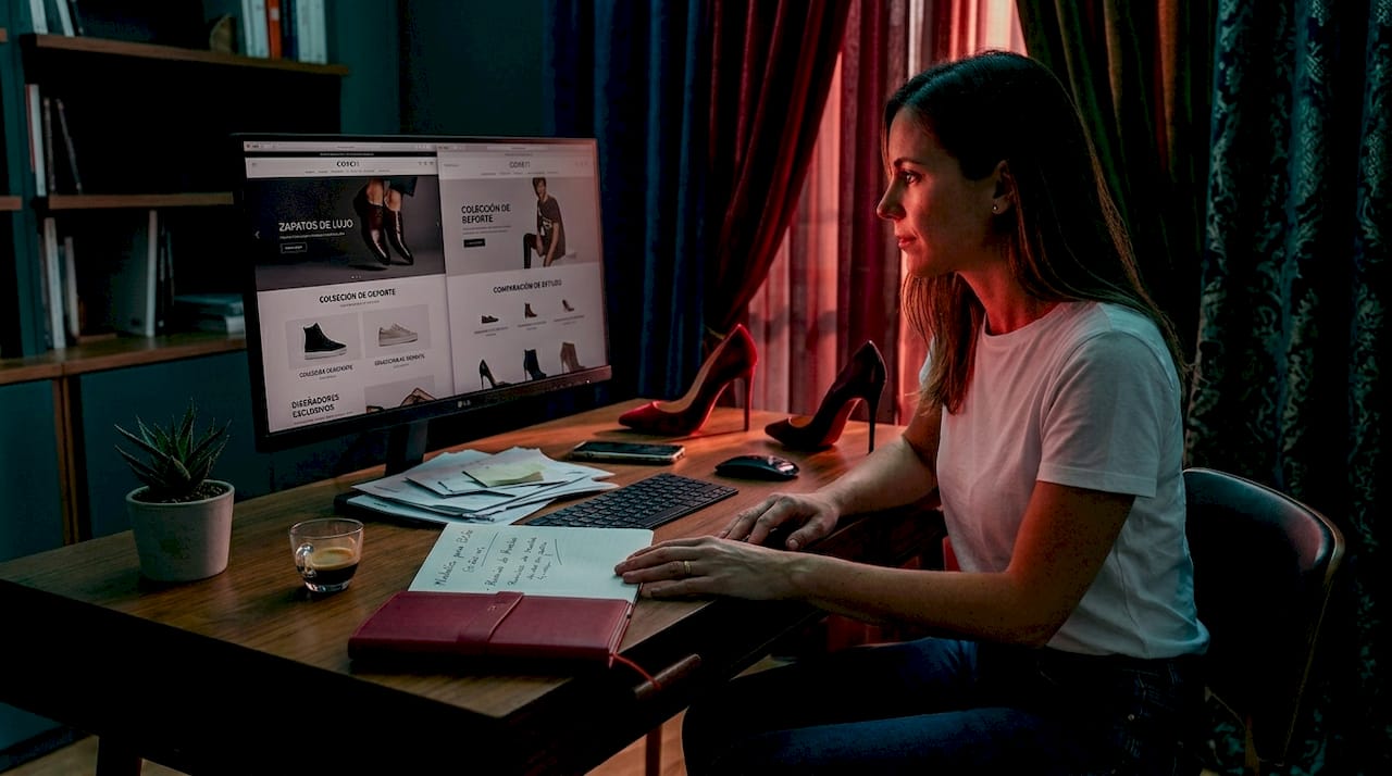 Mujer revisando diferentes tiendas online de zapatos desde su escritorio para comparar modelos y precios.