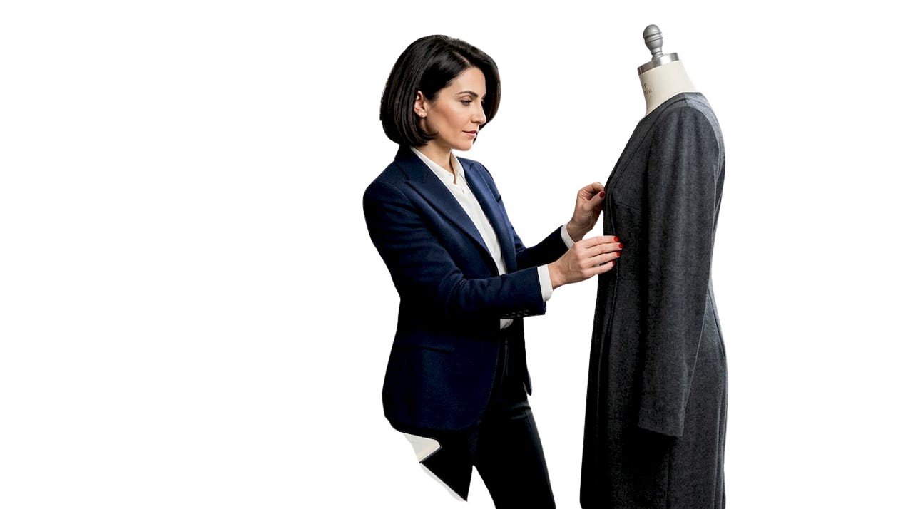 Il designer osserva con attenzione un capo d’alta moda nel suo atelier, curando ogni dettaglio.