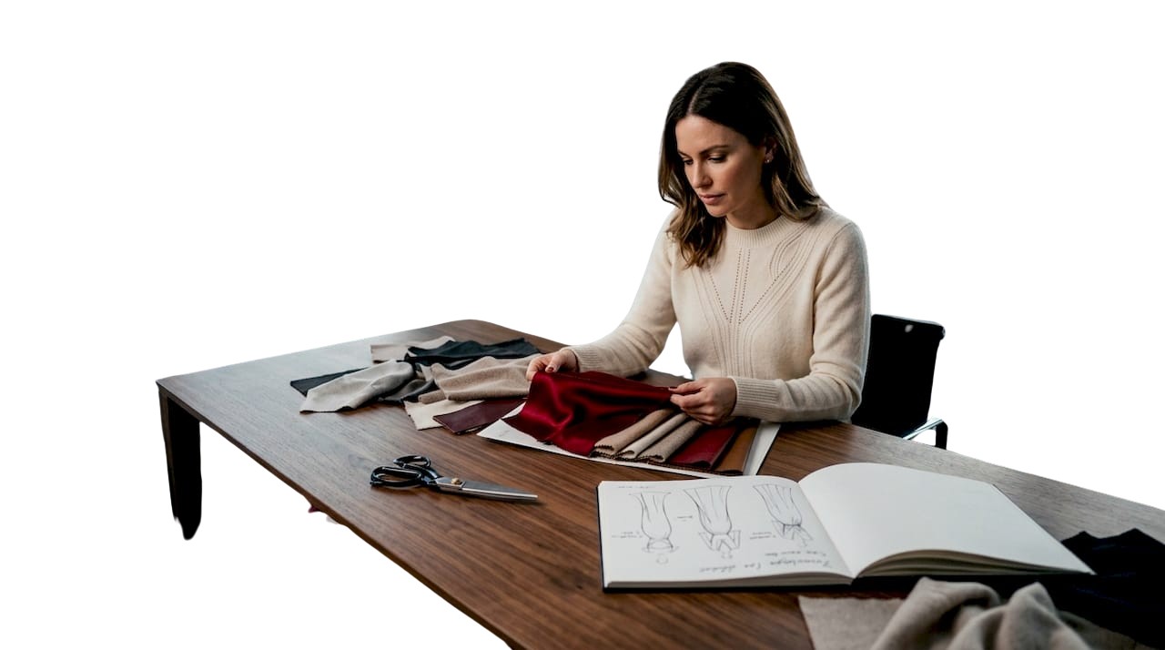 Am Schreibtisch begutachtet der Designer sorgfältig hochwertige Stoffe.