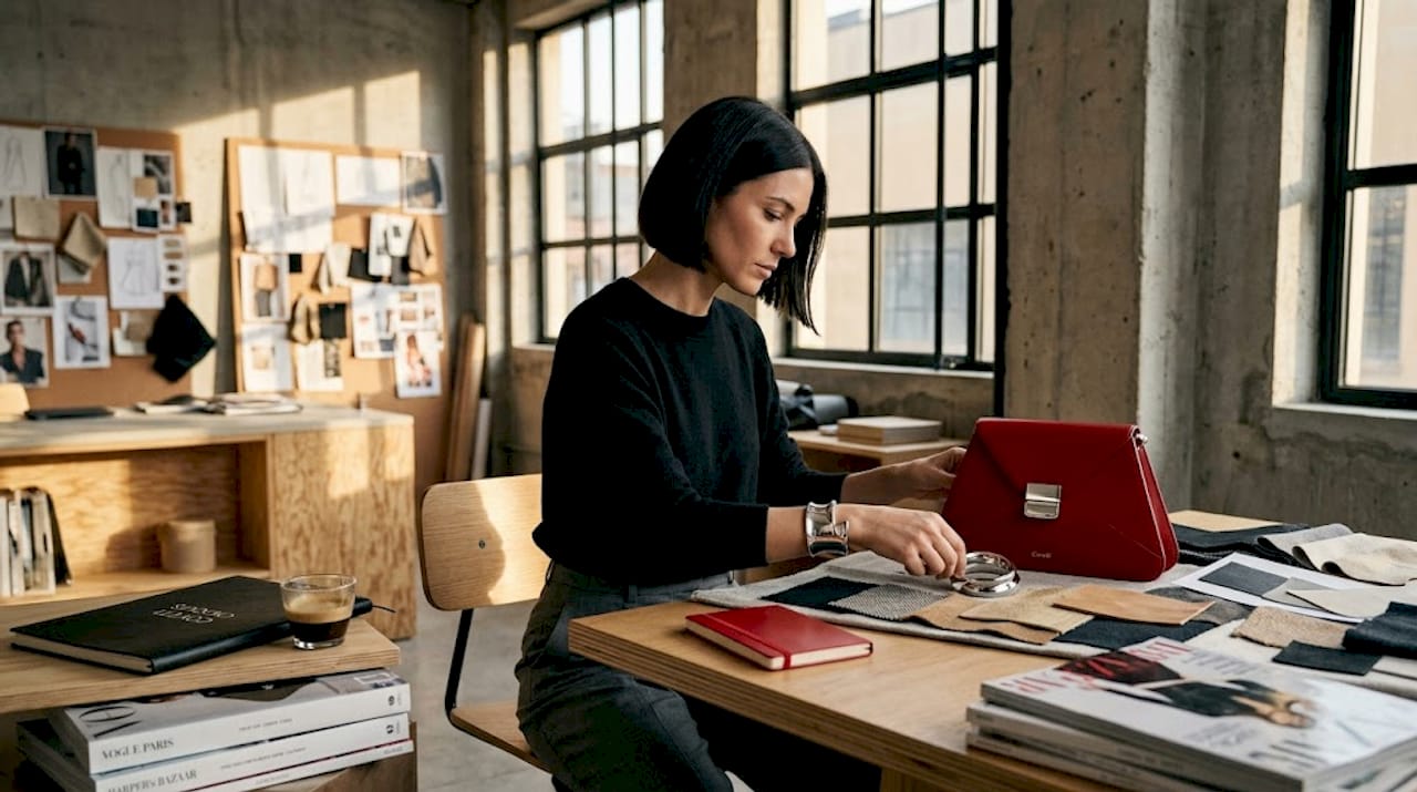 Une créatrice dispose soigneusement des accessoires sur son bureau d’atelier, peaufinant chaque détail de sa composition.
