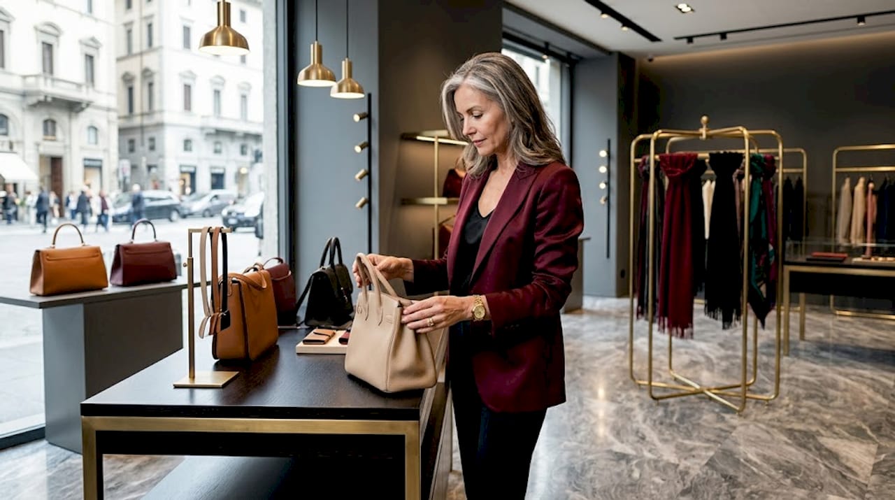 Una donna si aggira tra gli scaffali di una boutique di lusso, osservando con attenzione le varie borse esposte.