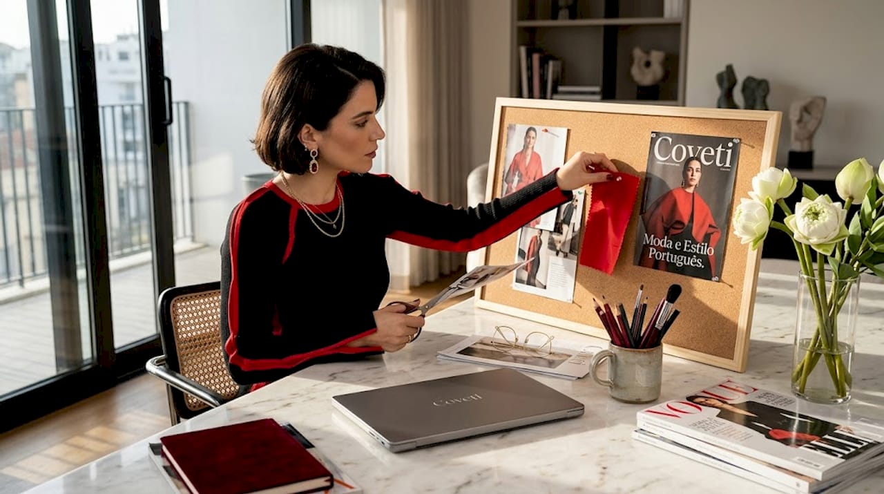 Mulher a criar um moodboard de moda de luxo sobre a mesa, rodeada de tecidos, revistas e inspirações.