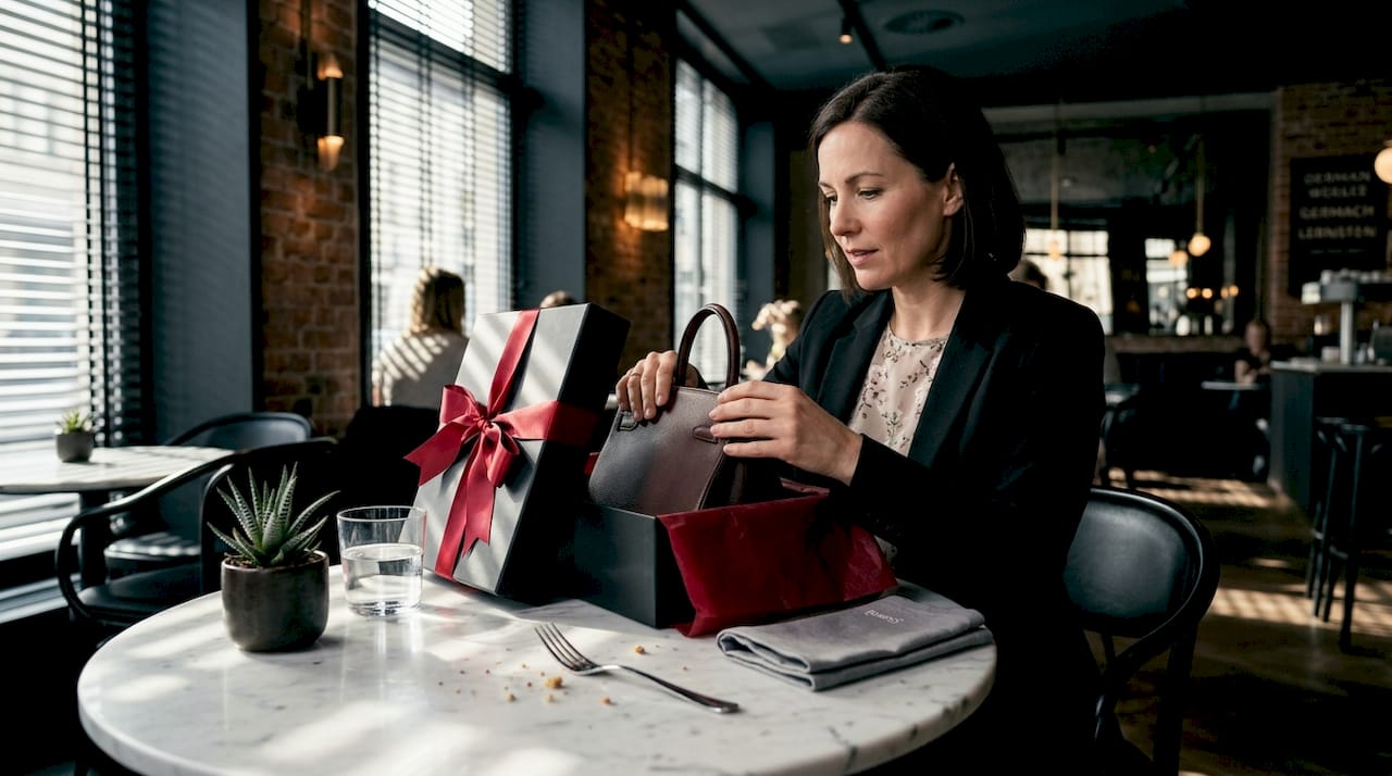 Eine Frau sitzt am Tisch und räumt ihre Designertasche aus.