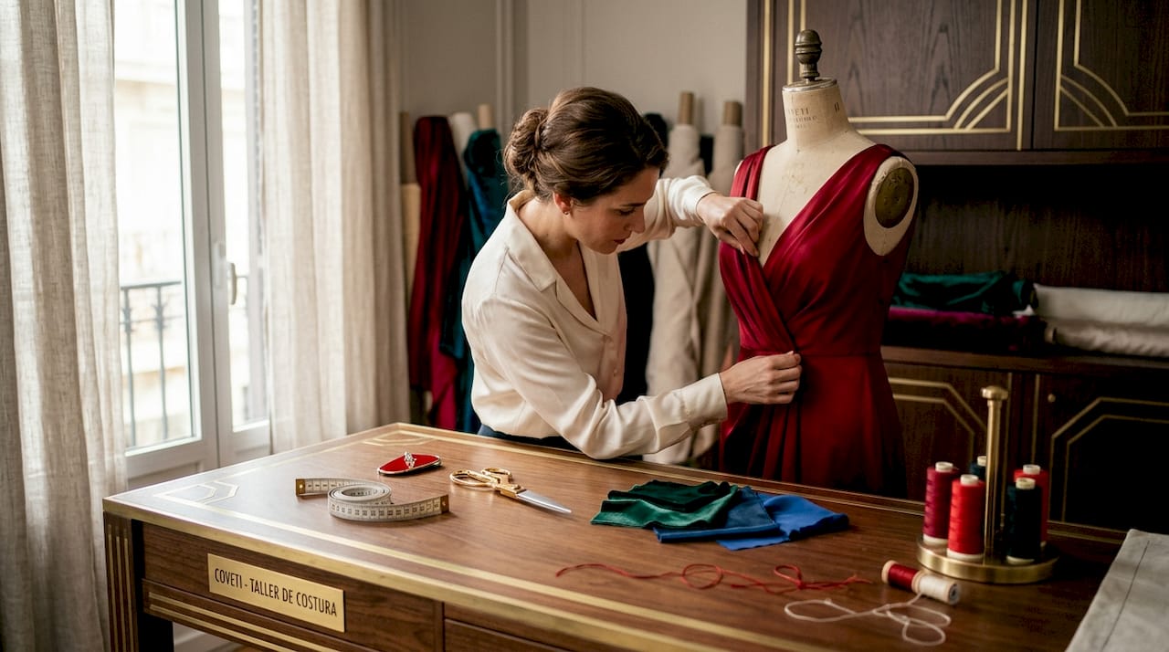 Diseñadora de moda retocando un vestido en su exclusivo atelier