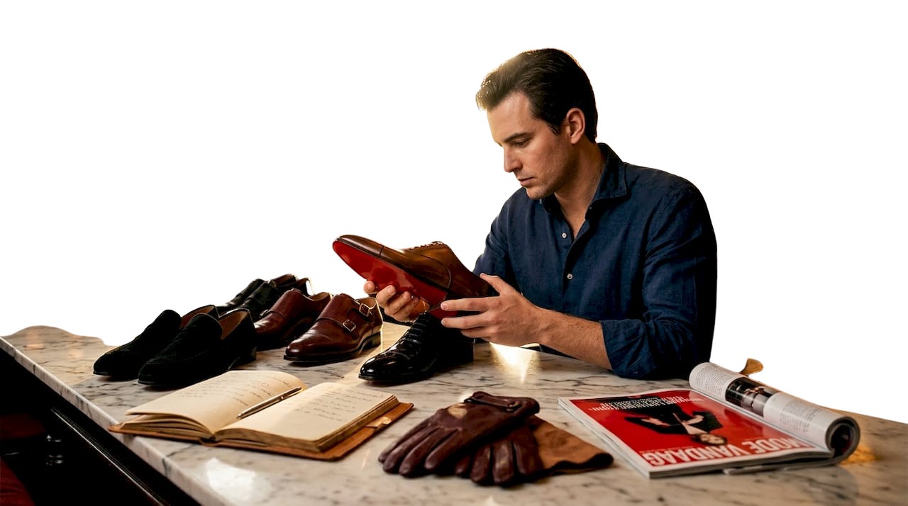 Een man bekijkt aandachtig een aantal luxe schoenen die op tafel uitgestald staan.