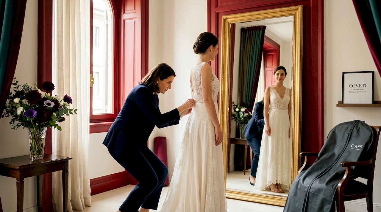 La futura sposa mentre prova il vestito in atelier