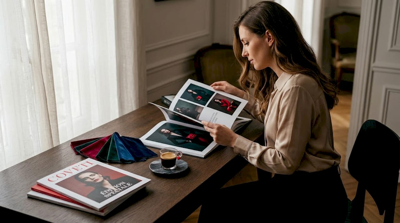 Une femme feuillette des lookbooks dans un bureau parisien.