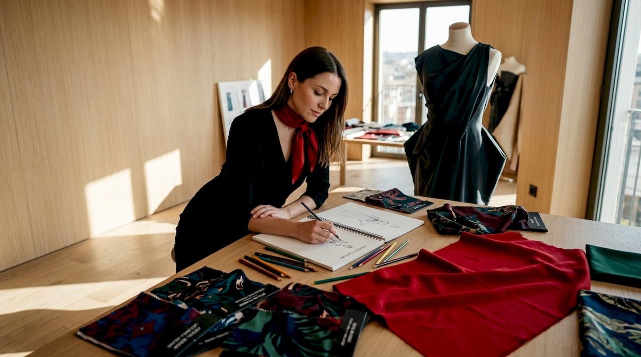 Un designer alle prese con schizzi e bozzetti di abiti dal gusto innovativo e fuori dagli schemi.