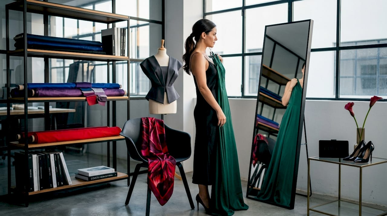Senhora a decidir que roupa vestir para uma ocasião especial