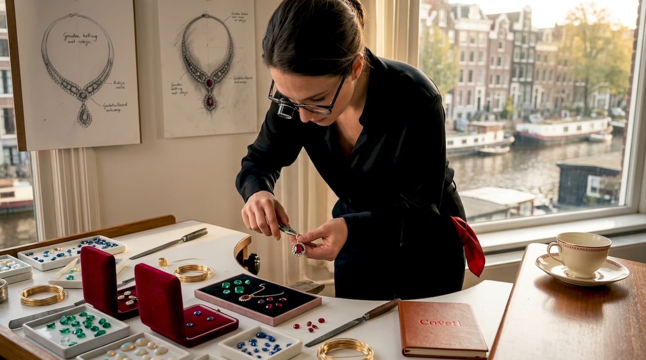 Een ontwerpster verdiept zich geconcentreerd in haar werk aan de werkbank, waar ze met de hand exclusieve sieraden maakt.
