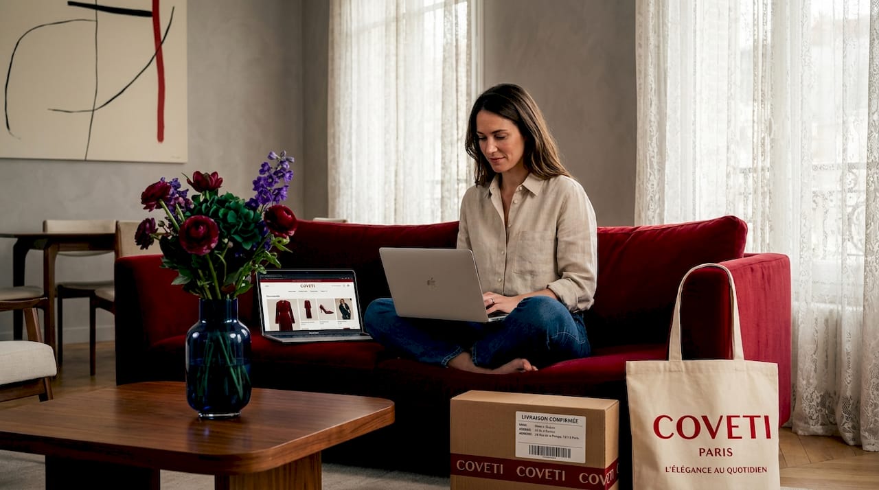 Installée confortablement chez elle, une femme parcourt les dernières tendances de la mode sur internet.