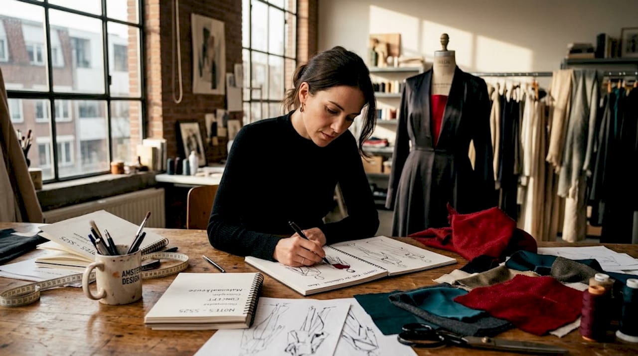 Een ontwerper aan het schetsen in zijn eigen studio aan huis