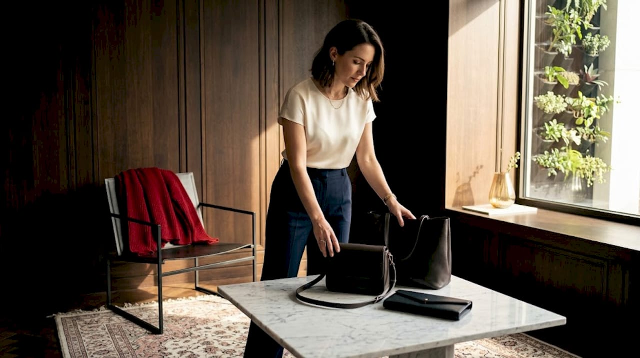 Eine Frau ordnet ihre Designer-Handtaschen sorgfältig in ihrem Zuhause.