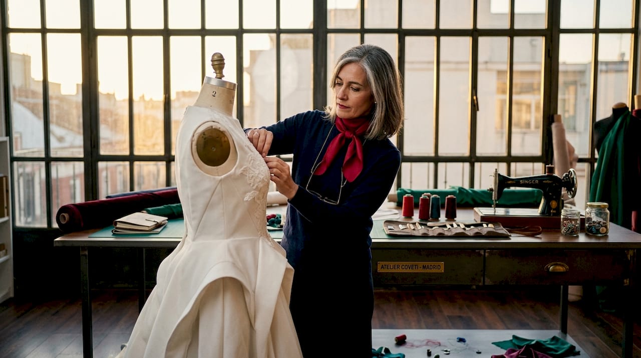 Diseñadora de moda concentrada en su taller de alta costura
