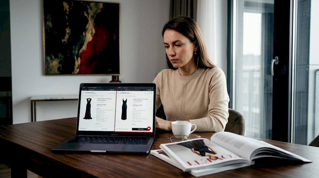 O femeie răsfoiește cele mai noi colecții de modă de lux online, chiar la insula din bucătărie.