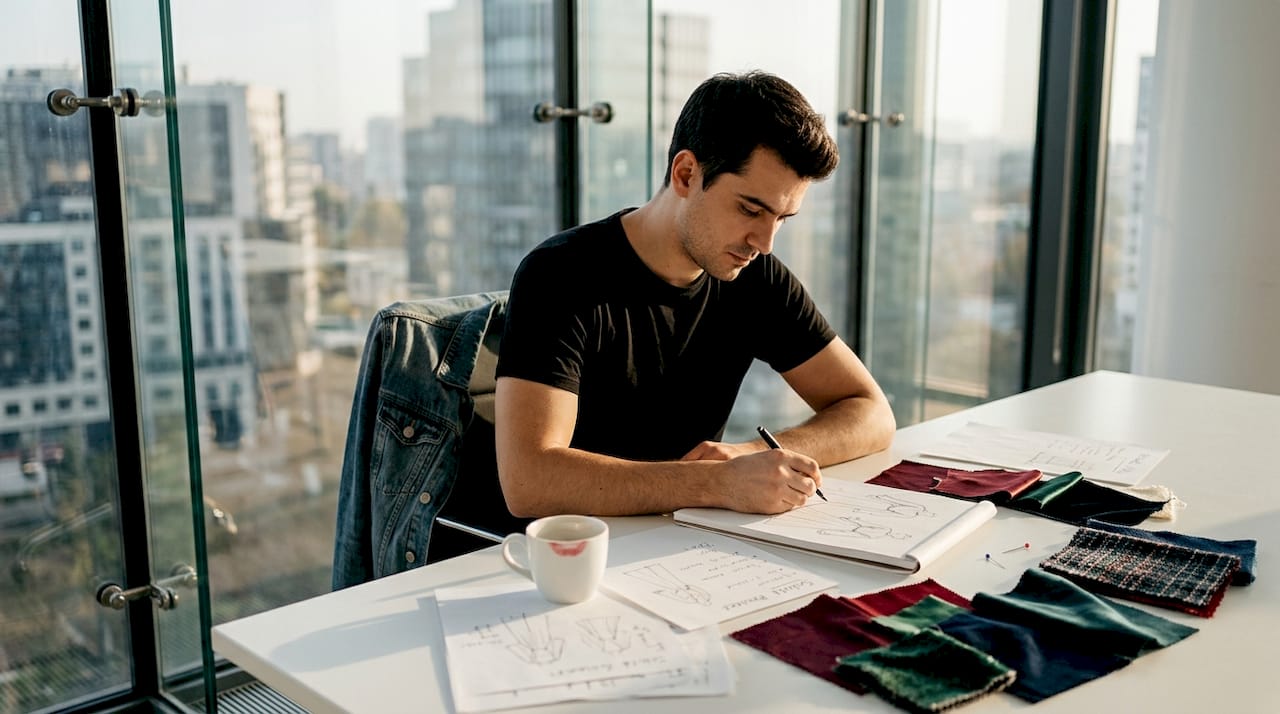 Designer la început de drum, surprins în timp ce schițează idei noi în atelierul său.
