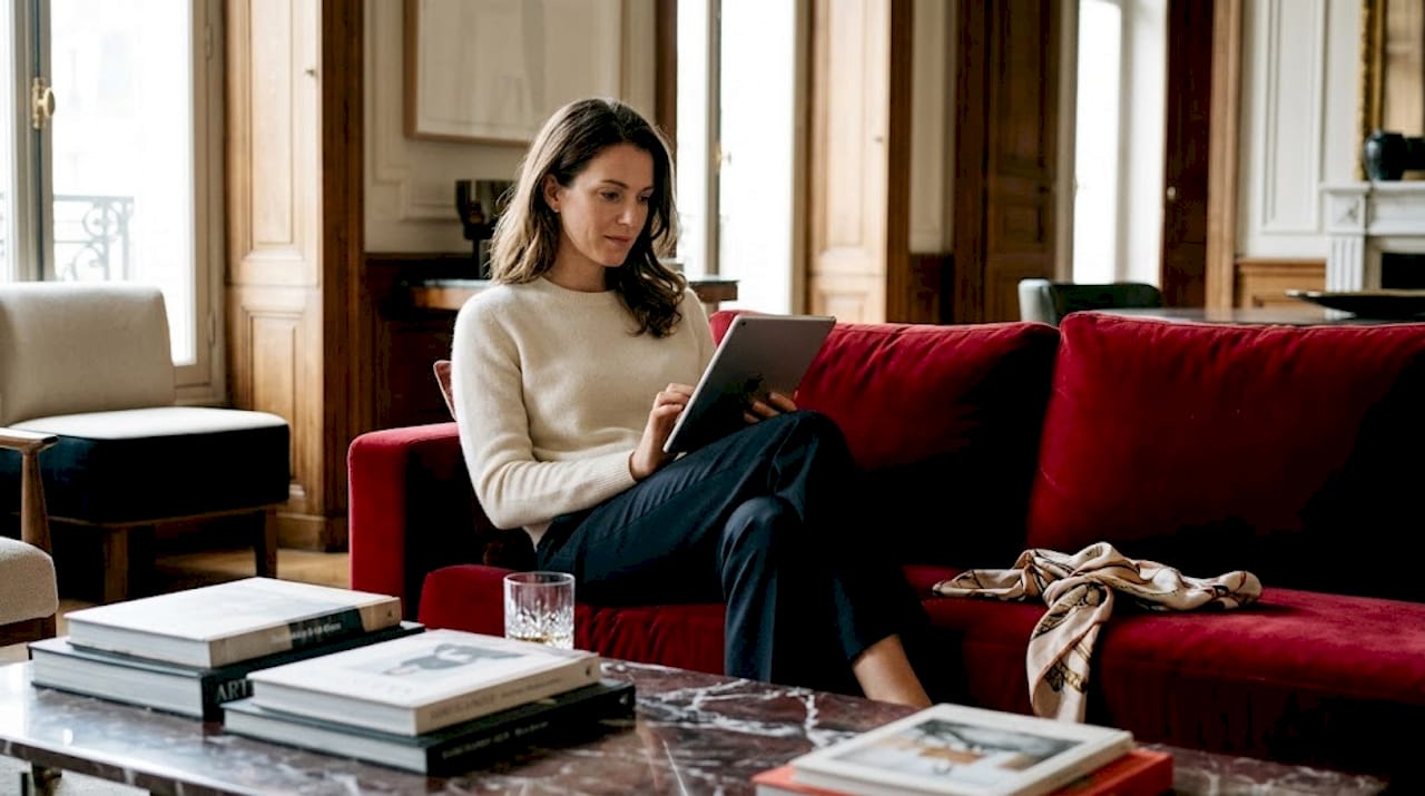 Mulher relaxa no sofá enquanto explora um site de moda de luxo.