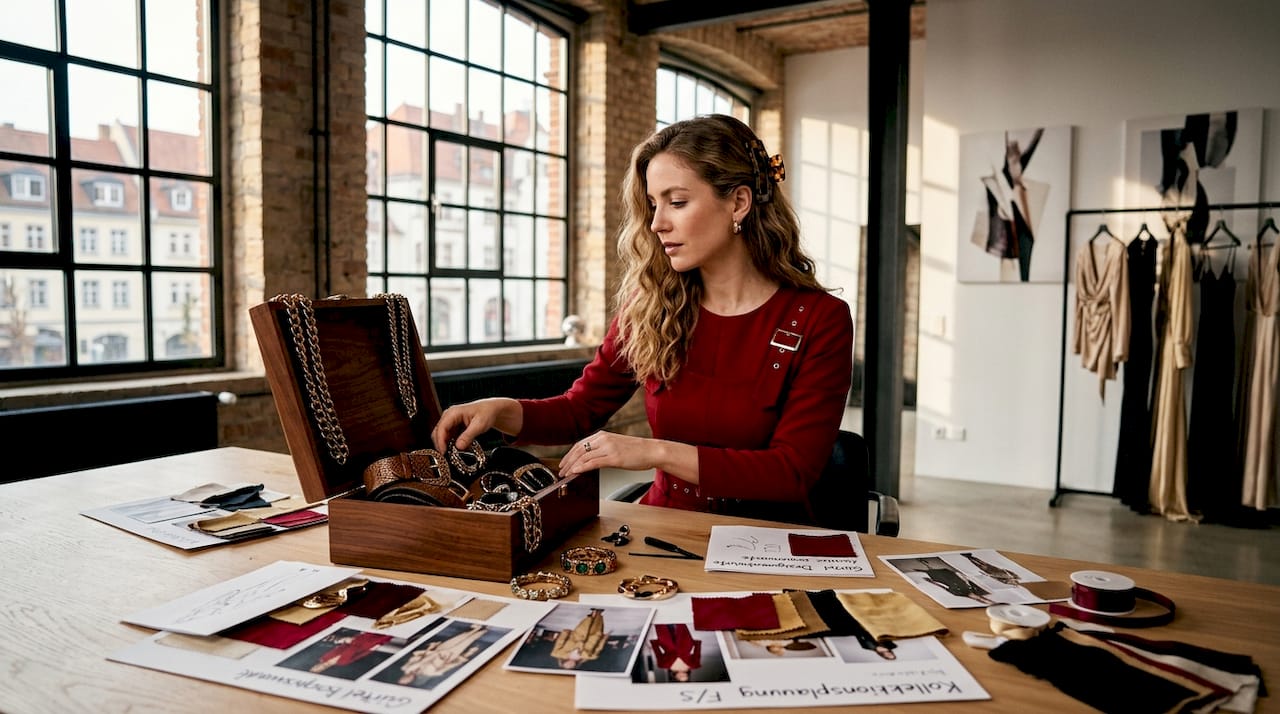 Eine Frau ordnet zuhause ihren Schmuck und ihre Accessoires.