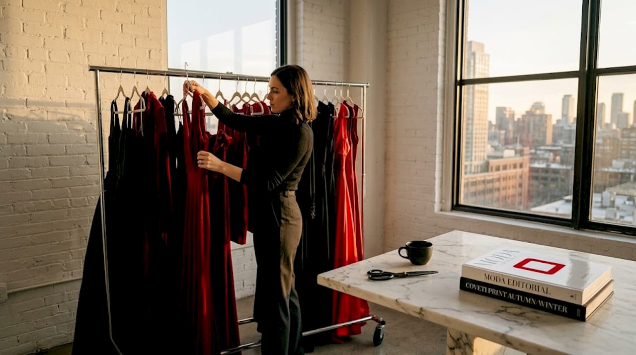 El estilista se encarga de seleccionar y organizar el vestuario para una sesión de moda editorial en el estudio.