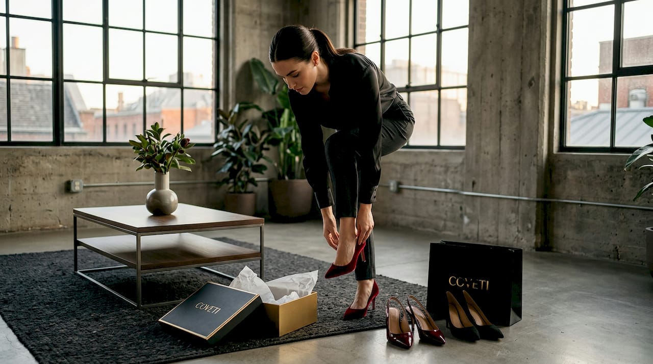 Im Wohnzimmer testet eine Frau ihre neuen Designerschuhe und bewundert dabei den Look im Spiegel.