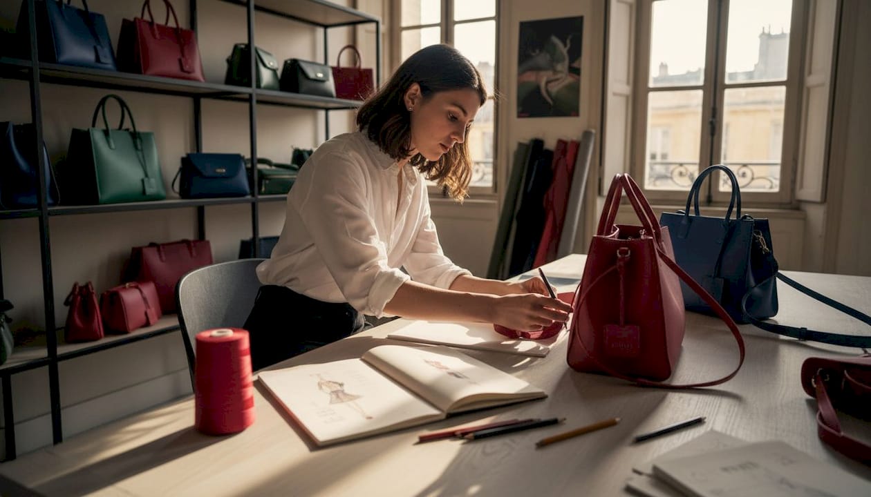 Un créateur de sacs en pleine esquisse sur sa table de travail à l’atelier.