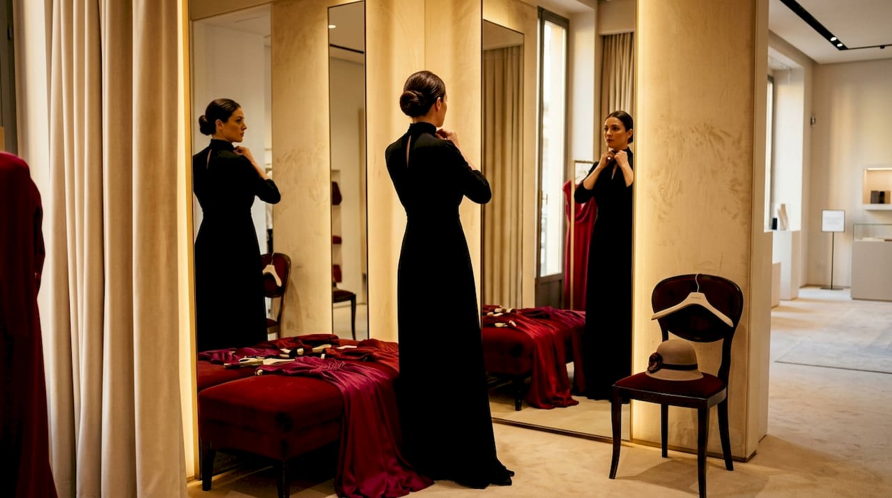 Una donna si sistema l'abito da sera davanti allo specchio nella cabina di prova di una boutique.
