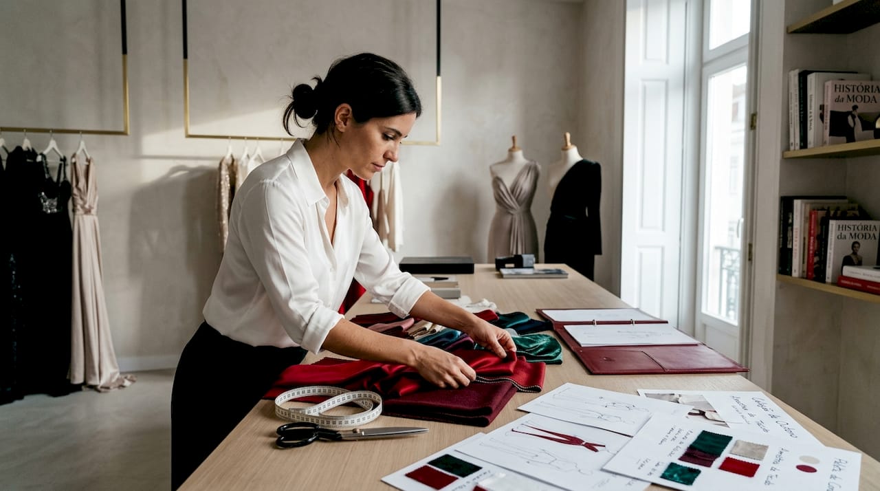 Designer de moda escolhe tecidos no atelier, preparando as próximas criações.
