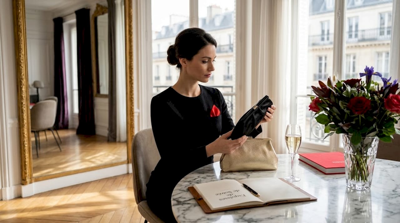 Une femme hésite devant sa collection de pochettes chez elle, cherchant celle qui ira parfaitement avec sa tenue de soirée.