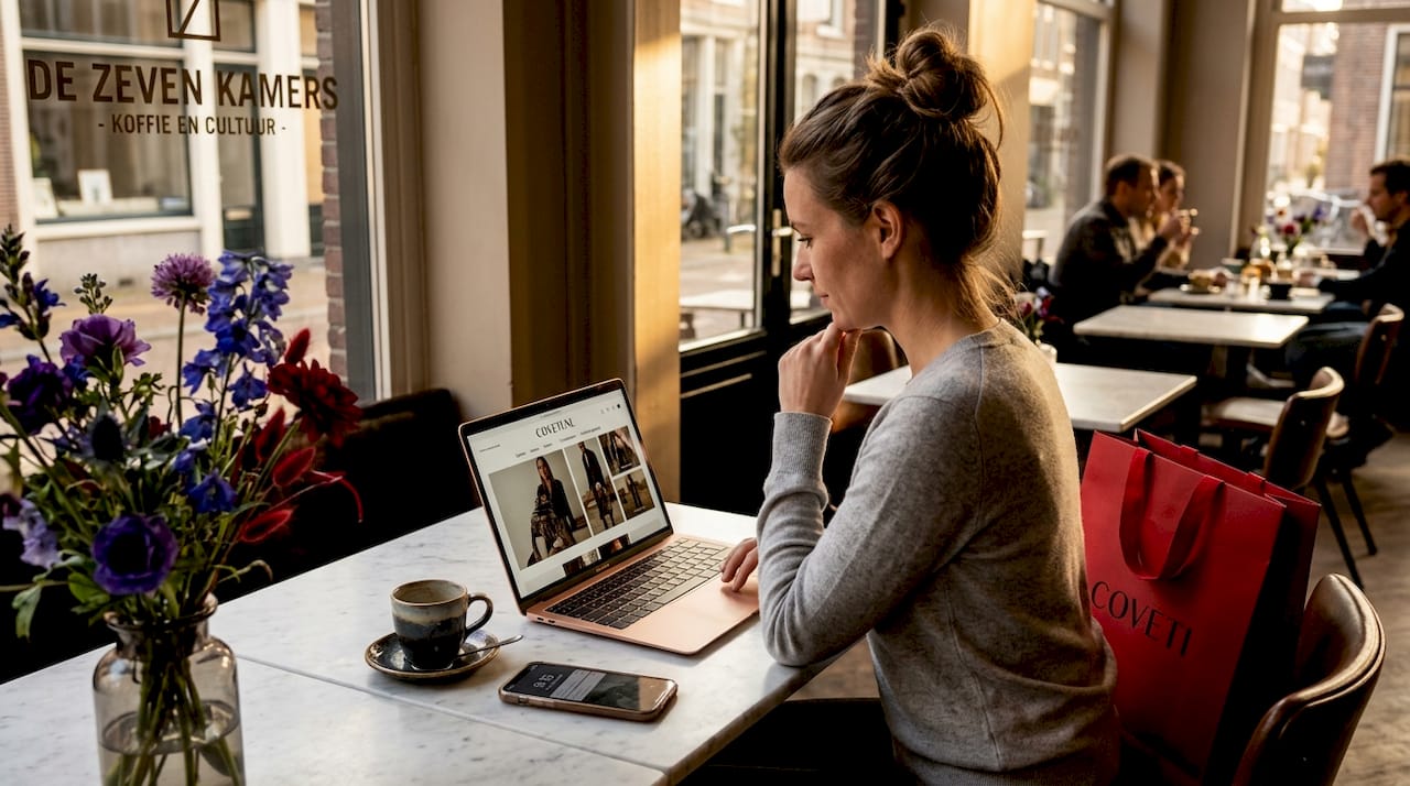 Een vrouw die thuis ontspannen door exclusieve modewebshops bladert.