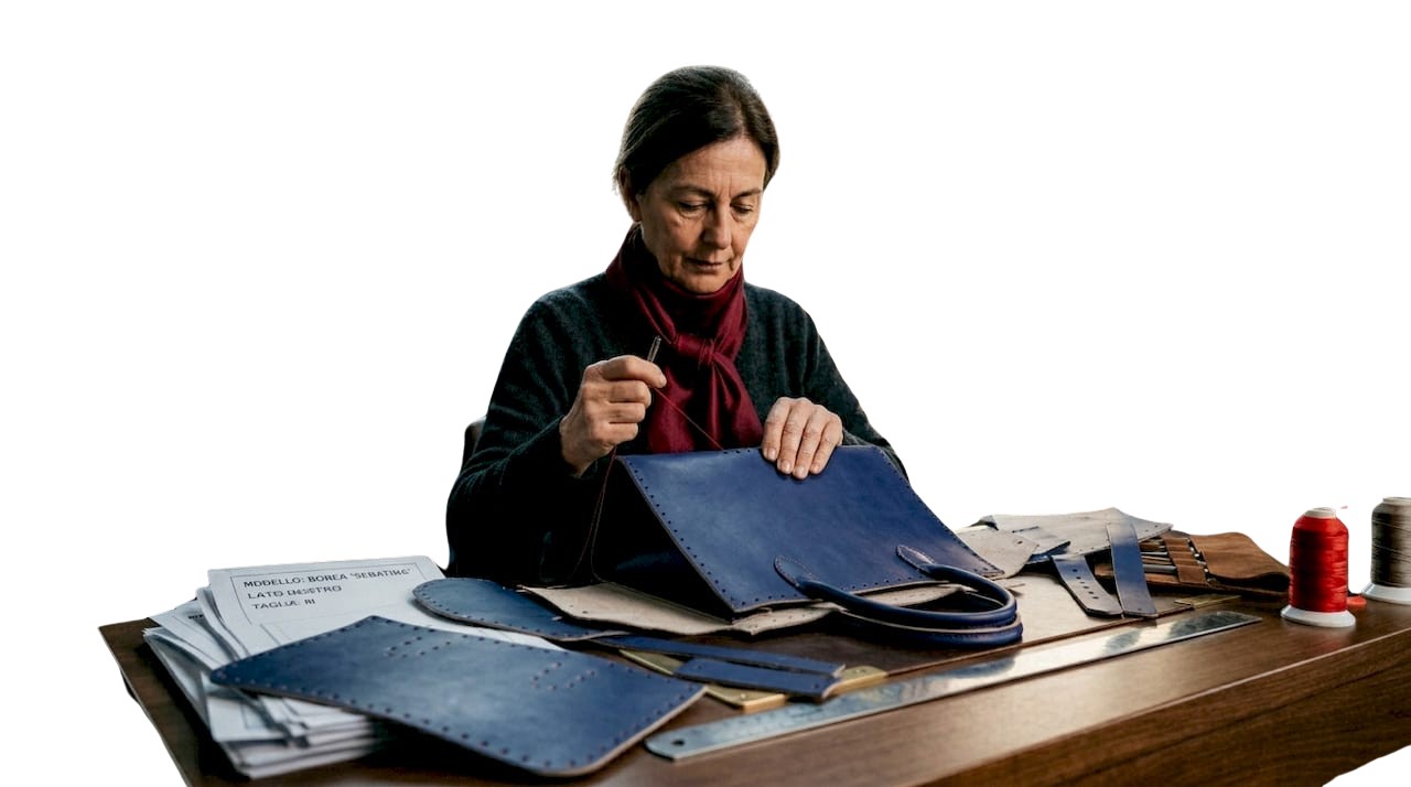 Un maestro artigiano è all’opera nella creazione di una borsa esclusiva su misura.