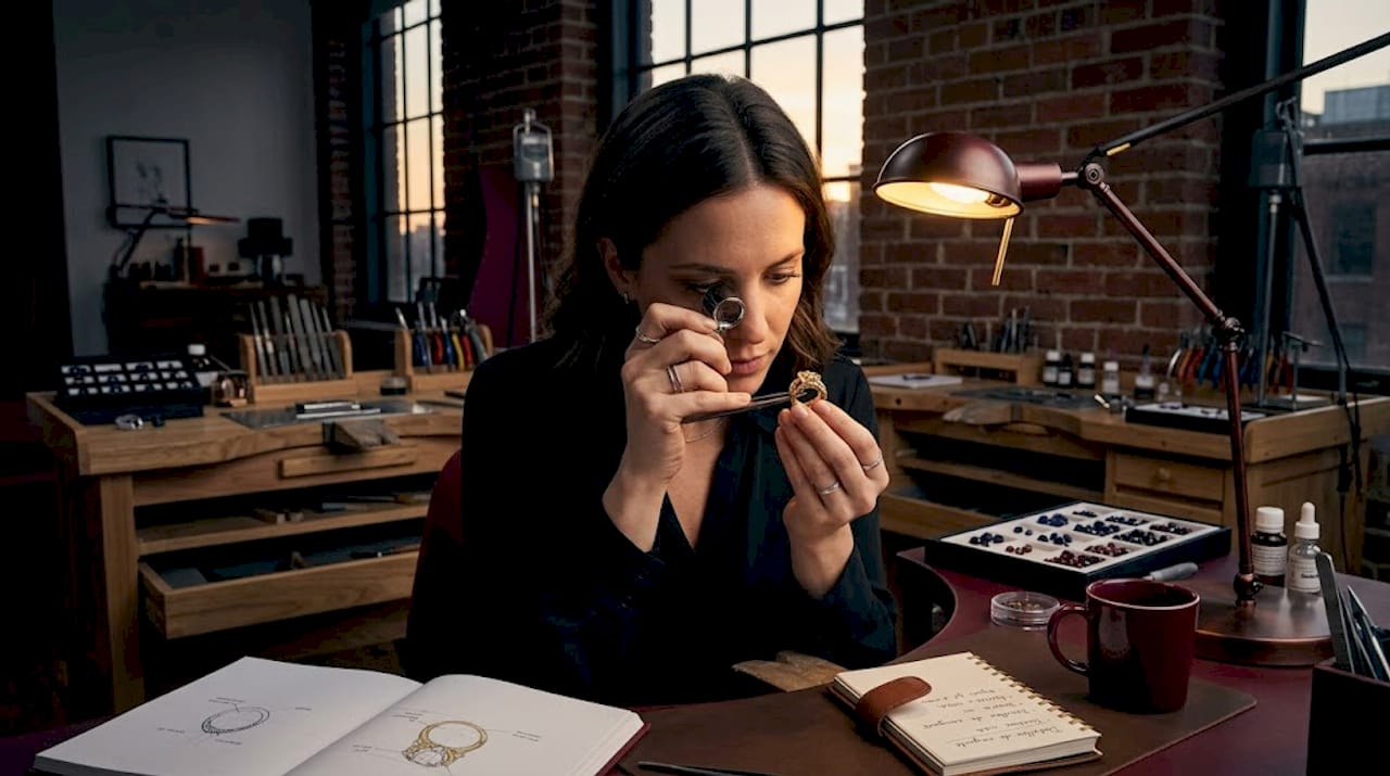 Diseñadora de joyas trabajando en su taller, concentrada en su banco de trabajo.