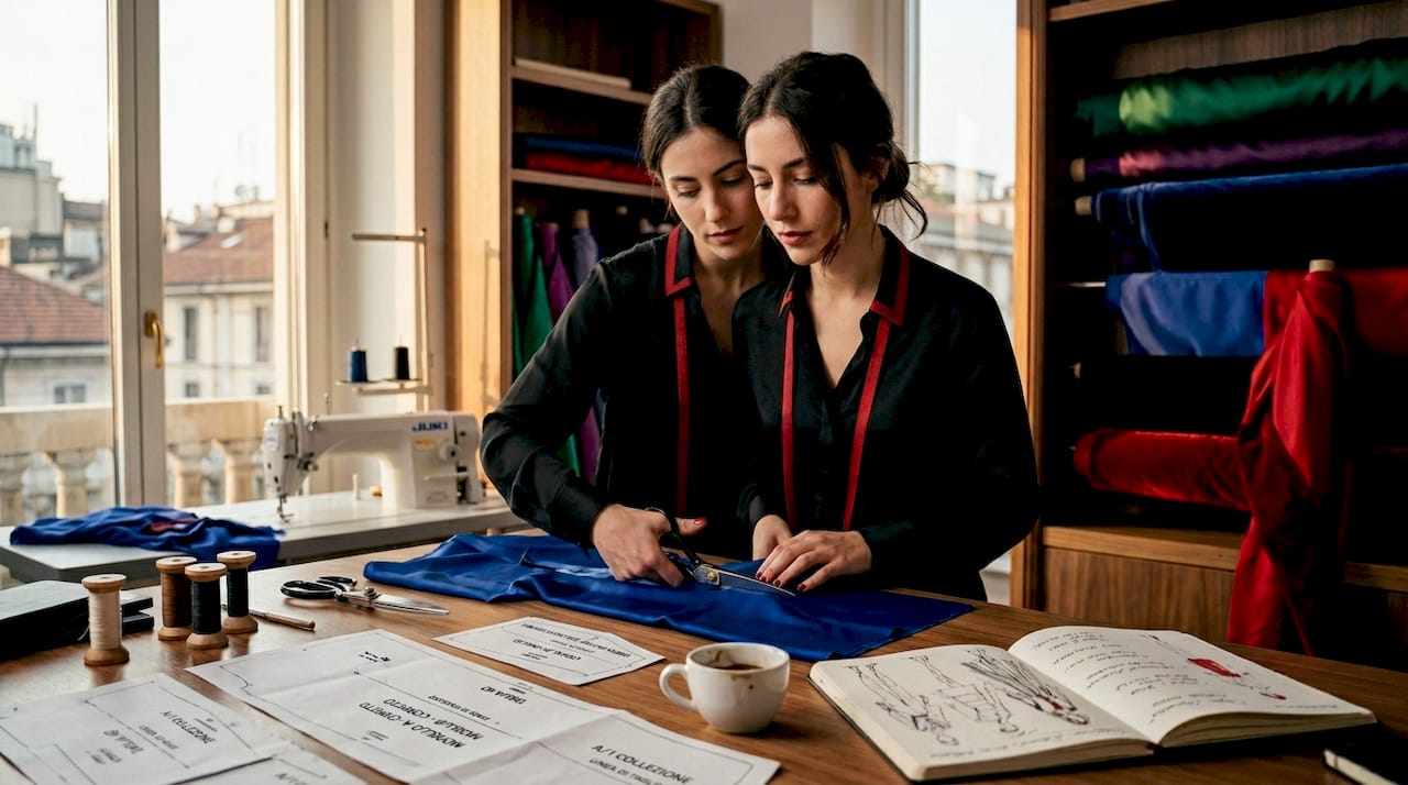 Un creativo della moda immerso nel suo atelier, dove ogni giorno dà vita a nuove idee e progetti sartoriali indipendenti.