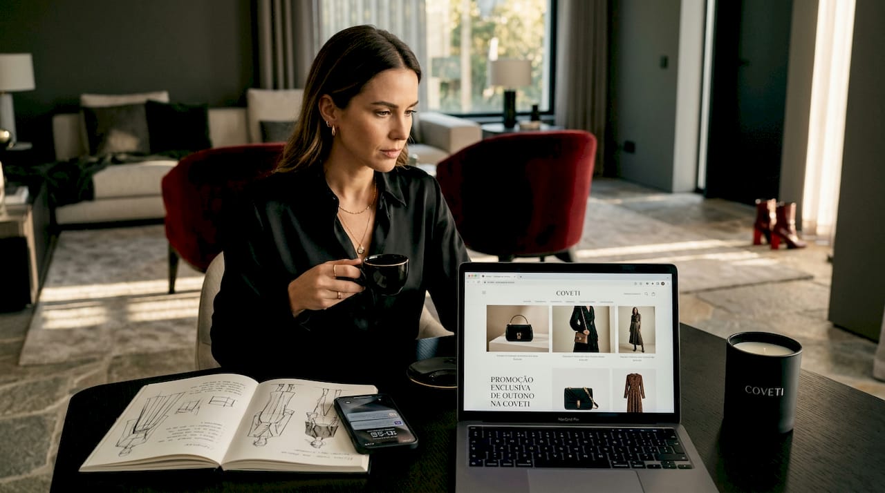 Sentada à mesa, uma mulher navega por lojas online à procura de artigos de luxo.