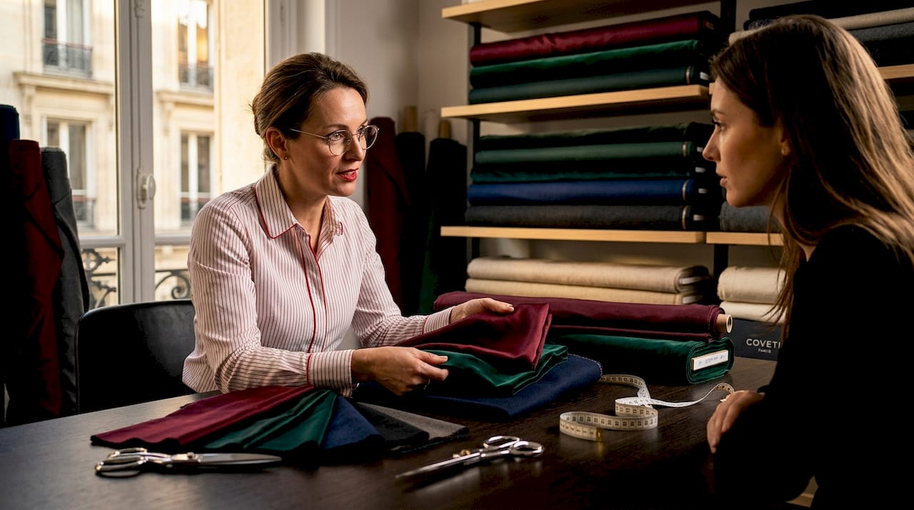 Dans son atelier parisien, un tailleur présente à ses clients une sélection d’échantillons de tissus, dévoilant les dernières tendances et matières pour des créations sur-mesure.