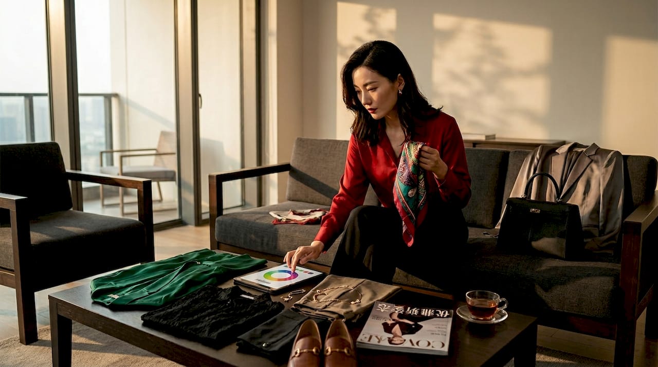 一位女士在家精心搭配服装颜色，展现出自己的时尚品味。