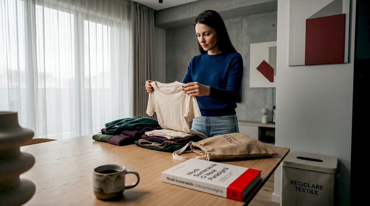 O femeie își organizează hainele într-un living luminat de soare