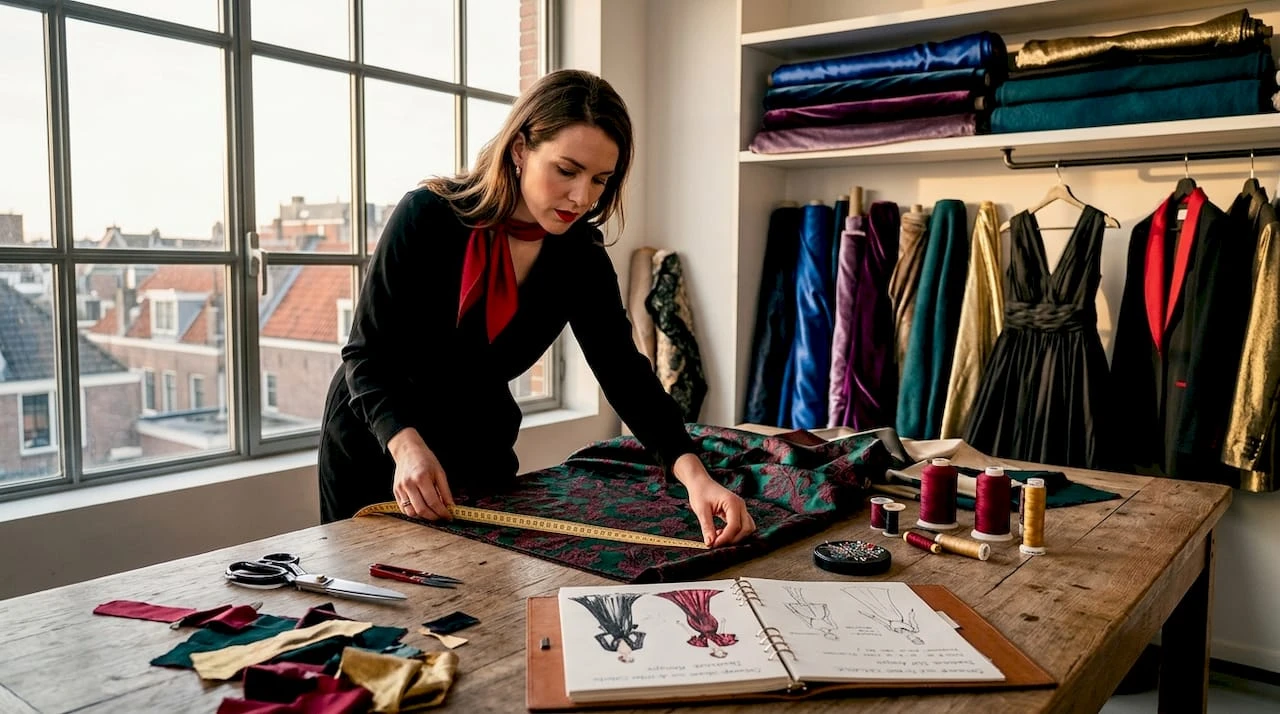 In een knus atelier buigt een modeontwerper zich over stoffen en nieuwe ontwerpen.