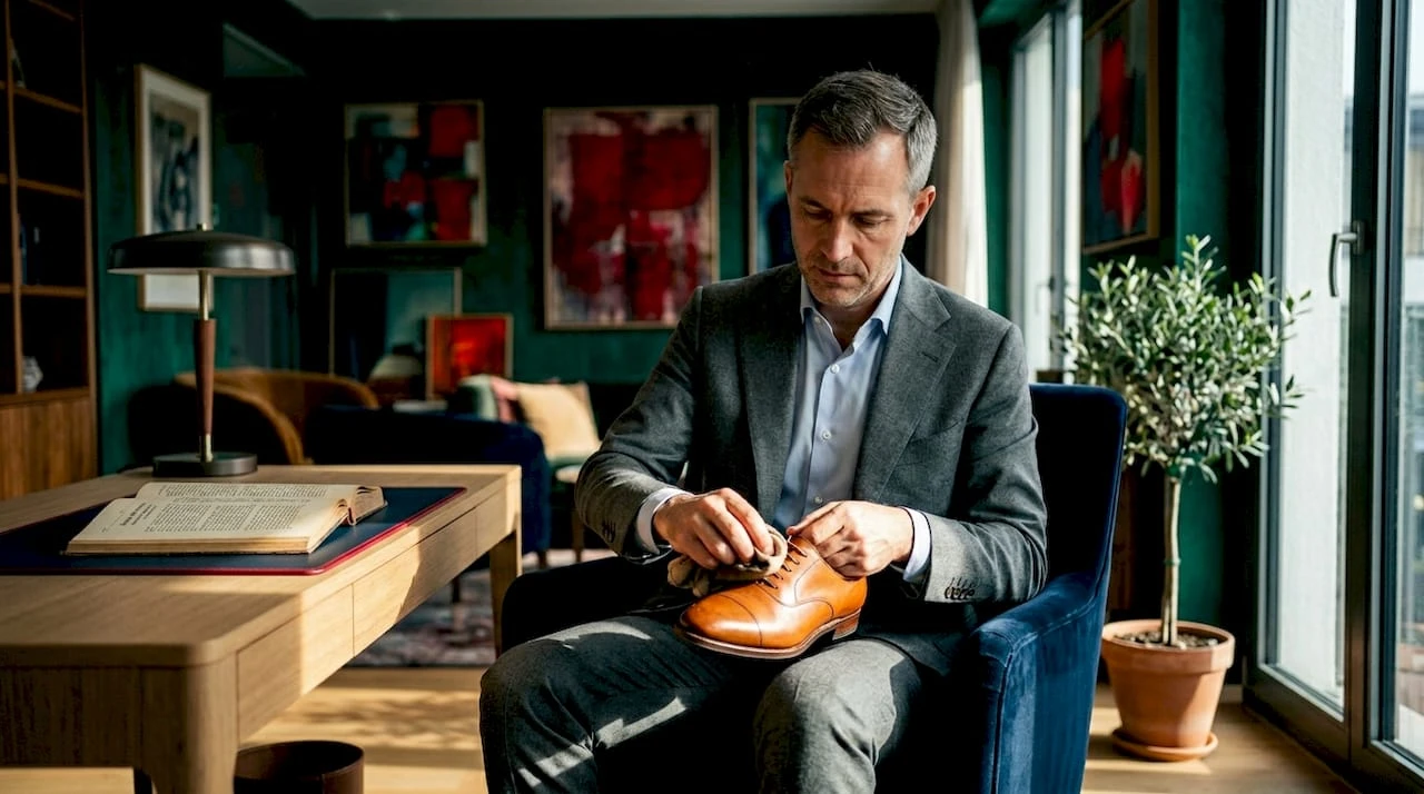 Ein Mann sitzt im Wohnzimmer und bringt seine edlen Lederschuhe mit viel Sorgfalt zum Glänzen.