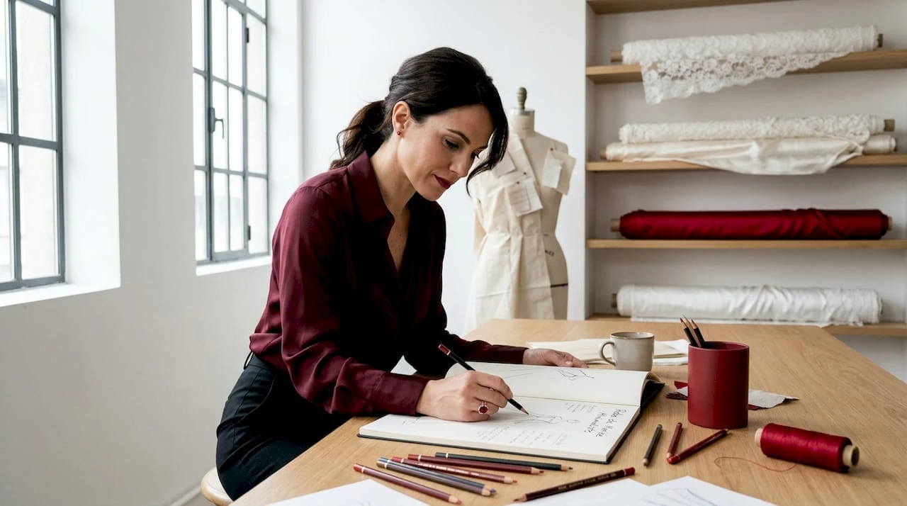 Un créateur de mode en pleine esquisse, installé à sa table de travail, entouré d’échantillons de tissus.